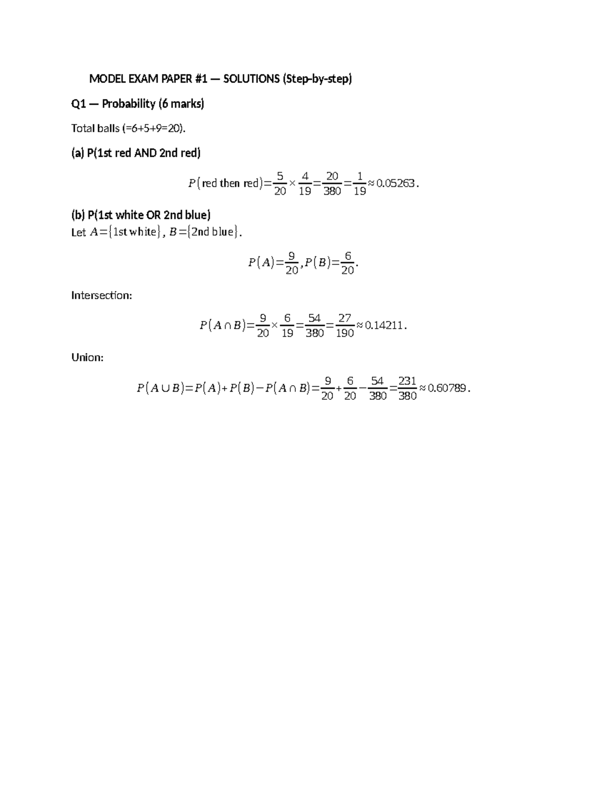 Model EXAM Paper Solutions: Probability & Statistics (Q1-Q8) - Studocu