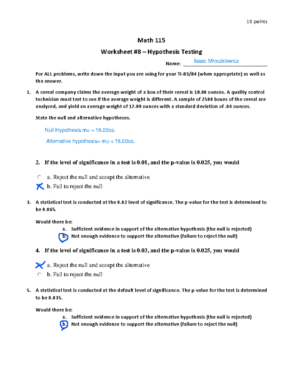 Math 115 Worksheet: Hypothesis Testing Exercises - Studocu