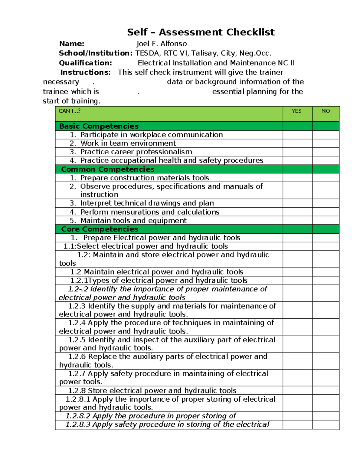 Self-Assessment Checklist for Electrical Installation NC II - Studocu