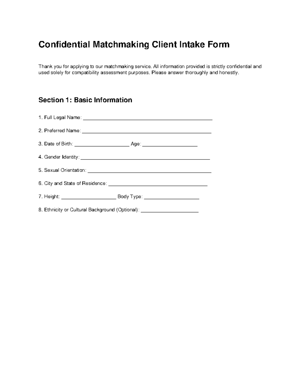 Matchmaking Client Intake Form: Confidential Client Questionnaire - Studocu