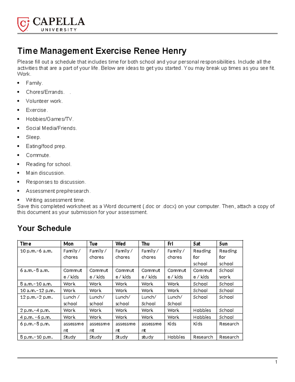 Time Management Exercise for RH - Psychology Course CF - Studocu