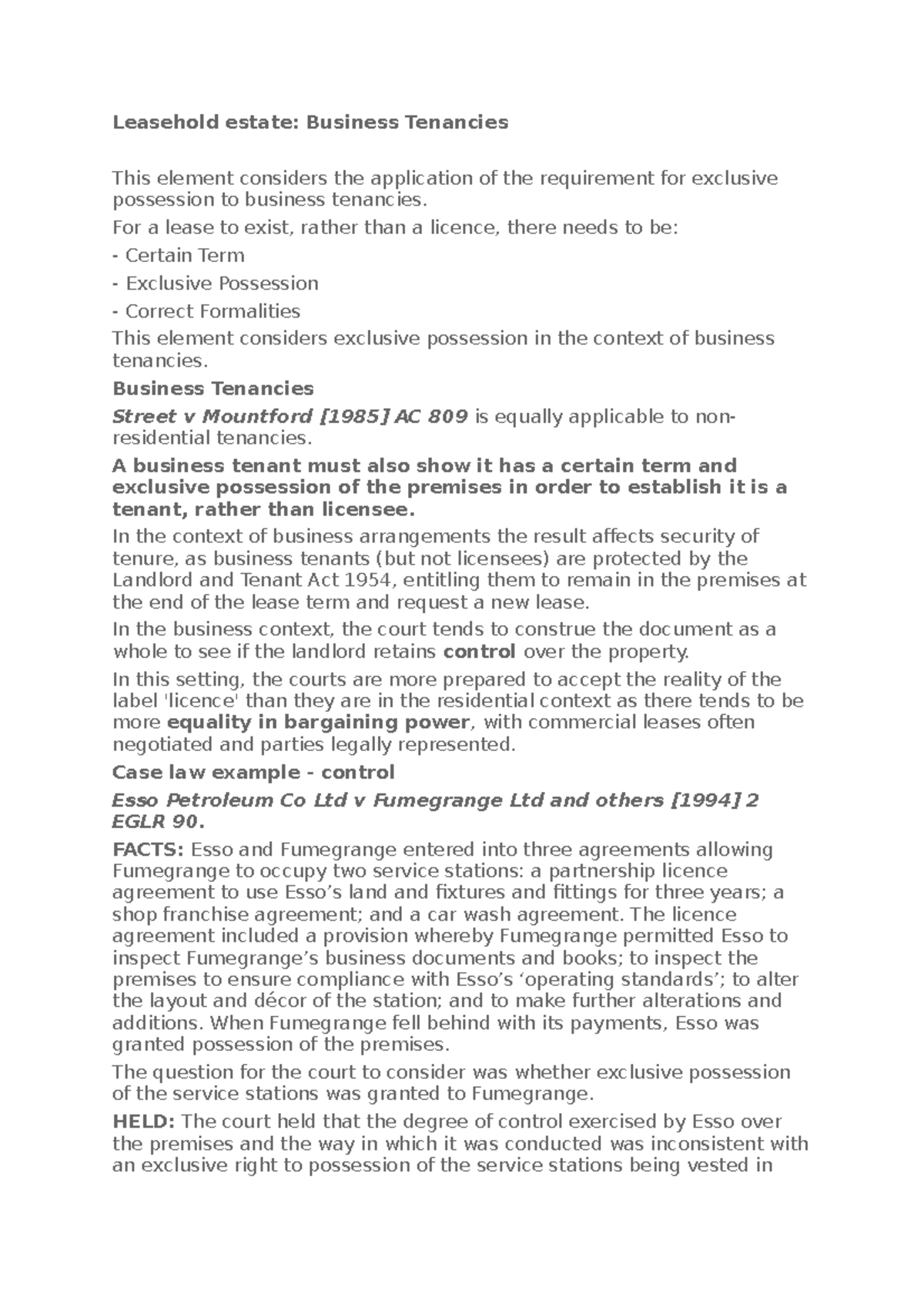 4. Business Tenancies - Lecture Notes on Exclusive Possession - Studocu