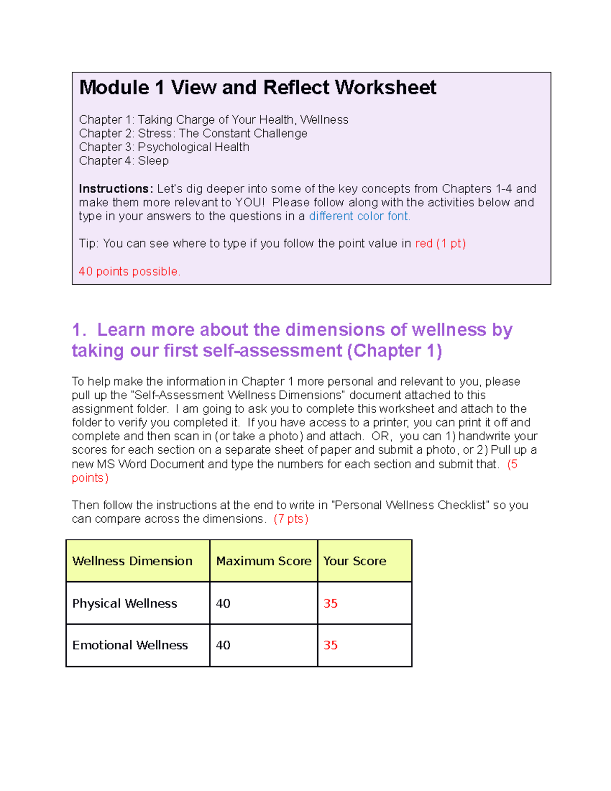Module 1 Wellness Dimensions Self-Assessment and Reflection Worksheet ...