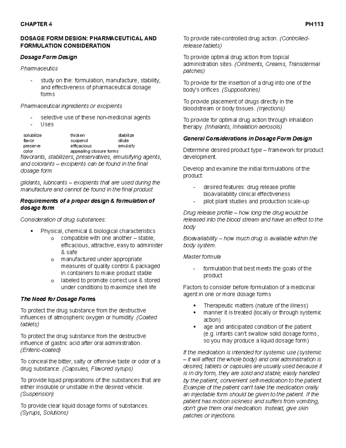 PH113 Chapter 4 - Dosage Form Design: Key Pharmaceutical Considerations ...