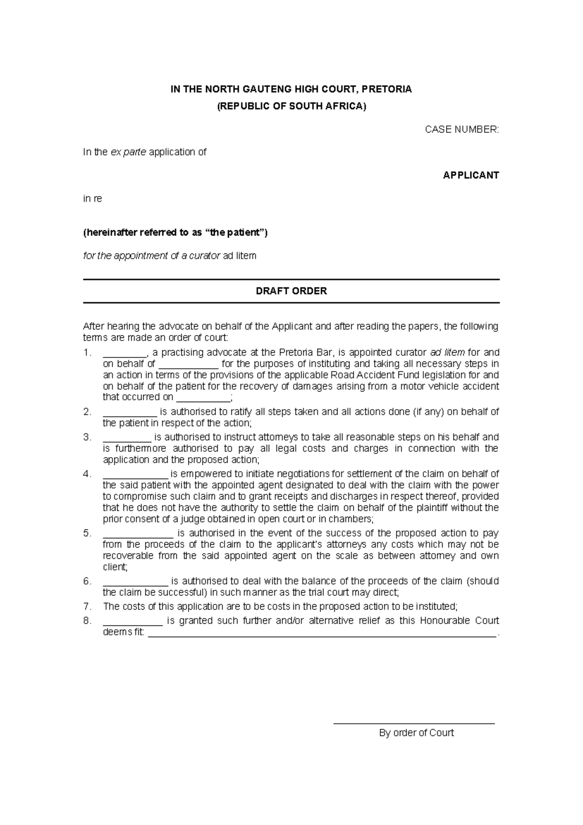 Draft Order for Curator ad Litem Appointment - Case No. [Insert Case ...