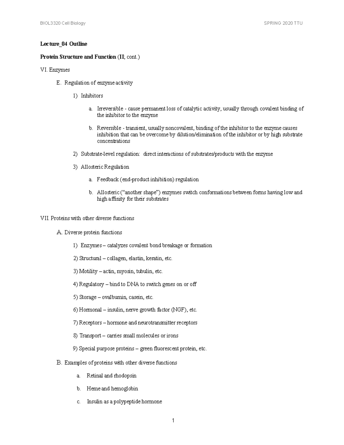 Lecture 4 - Dr. Xie - BIOL3320 Cell Biology SPRING 2020 TTU 1 Lecture ...