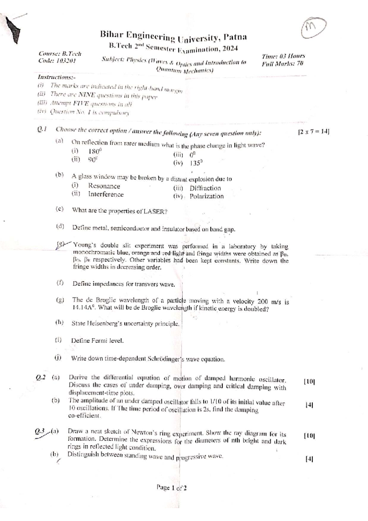 B.Tech 2nd Sem Physics (103201) 2024 Previous Year Questions - Studocu