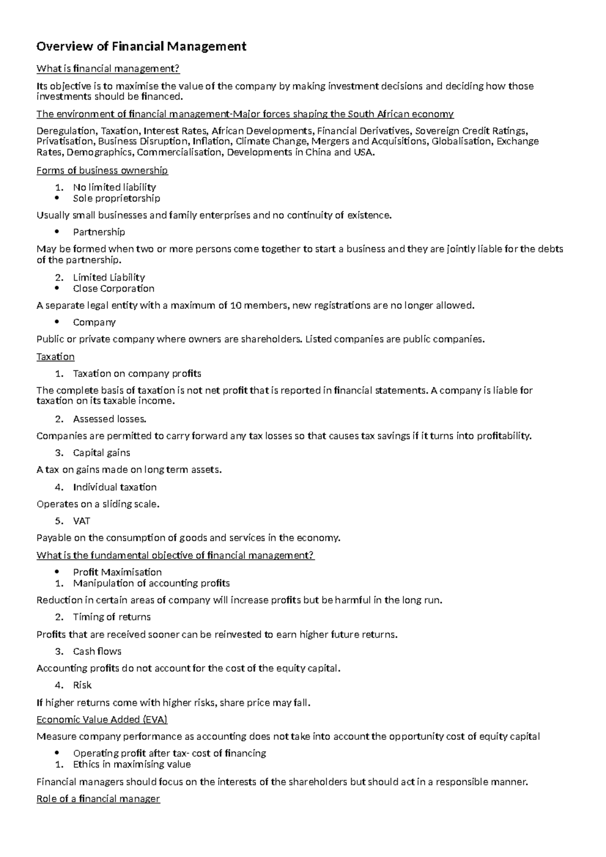 Financial Management Chapter 1 Summary: Key Concepts and Objectives ...