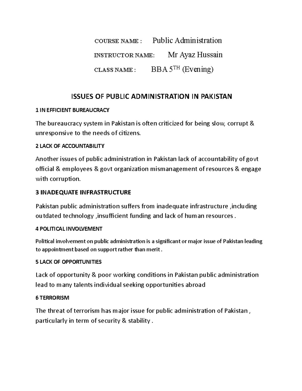 BBA 5TH: Issues of Public Administration in Pakistan - Studocu