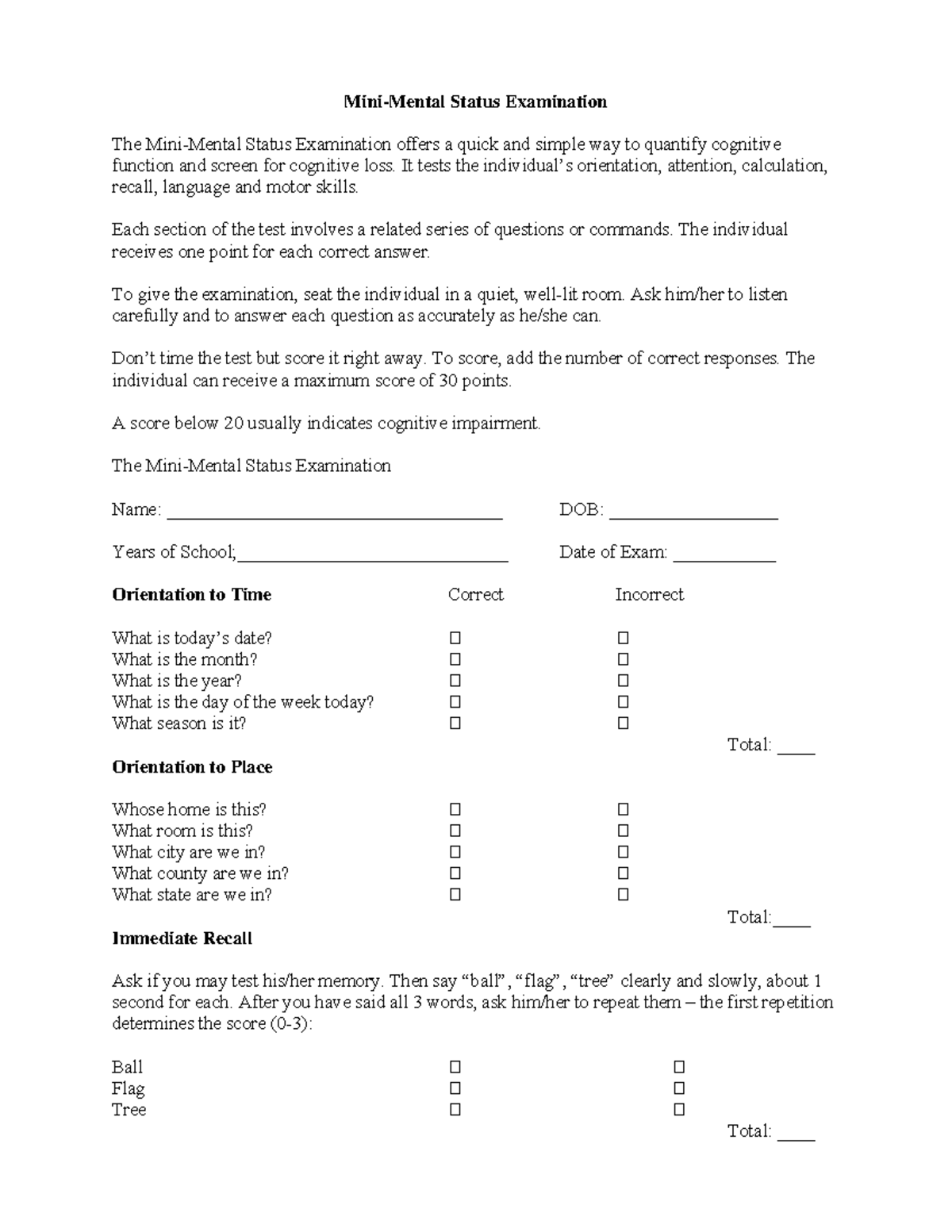 MMSE1: Mini-Mental Status Exam for Cognitive Function Assessment - Studocu