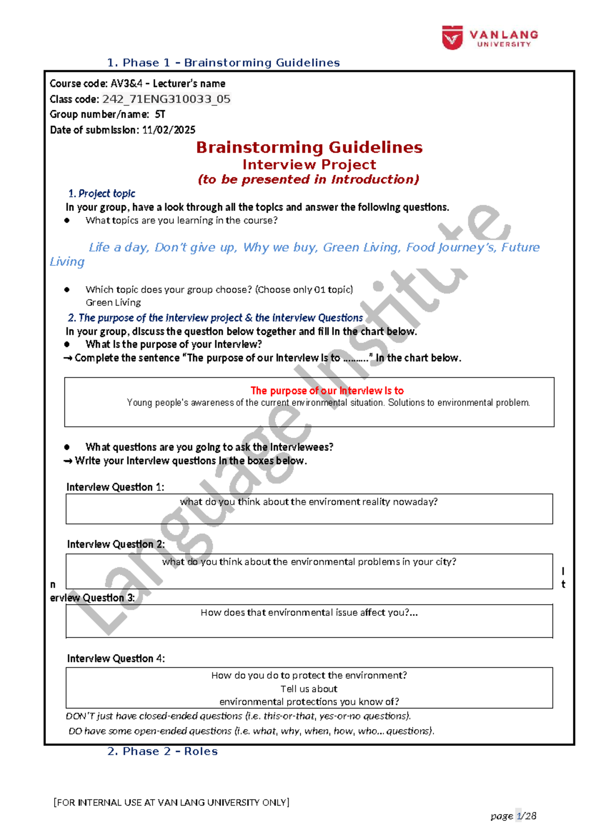 Phase 1 Brainstorming Guidelines for Interview Project (ENG310033 ...