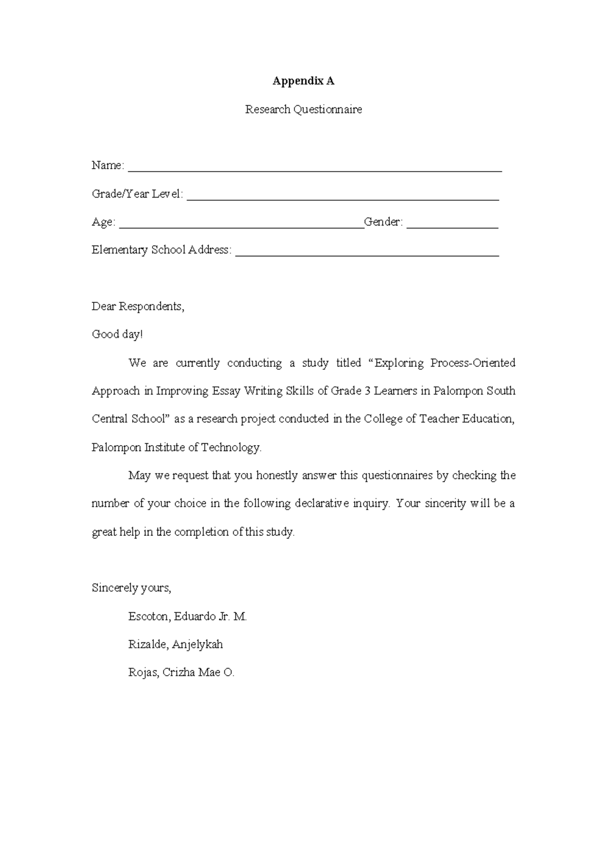 Questionnaires - Appendix A Research Questionnaire Name: - Studocu