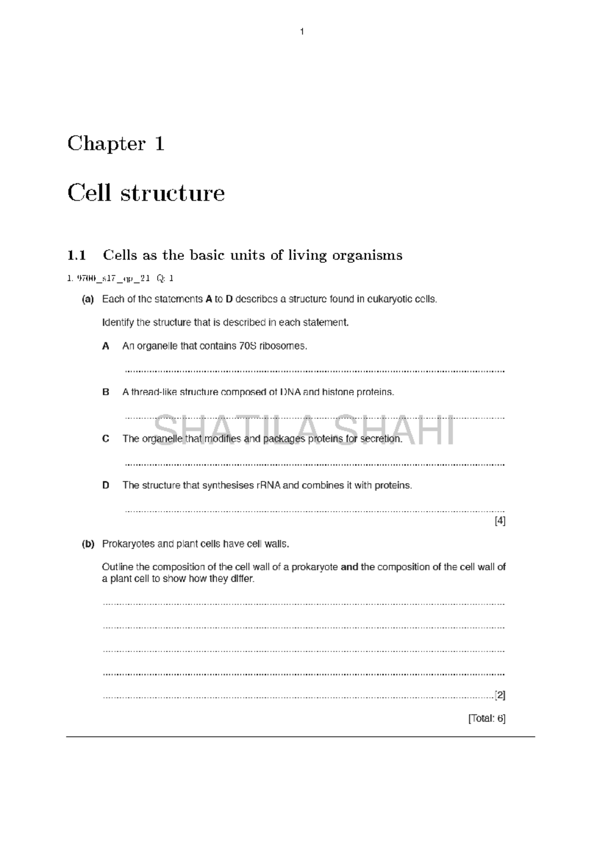 C1 - Cell Structure - biology - Chapter 1 Cell structure 1 Cells as the ...