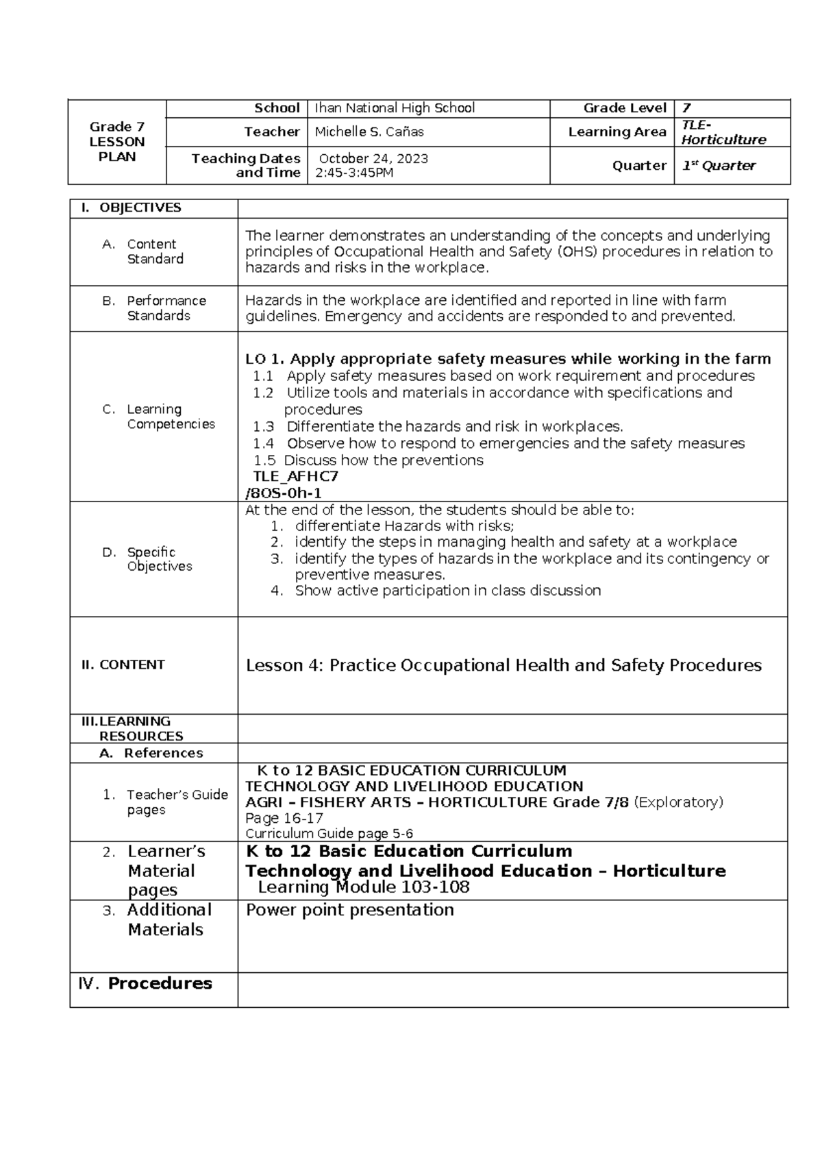 Tle 7 cot final lp - lesson plan - Grade 7 LESSON PLAN School Ihan ...