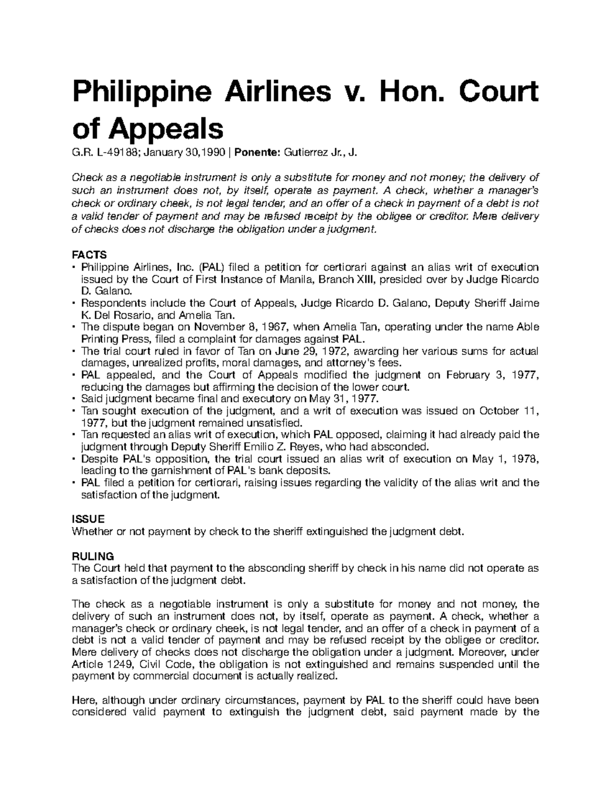 PAL v CA (GR L-49188) - Legal Principles on Payment by Check Digest ...