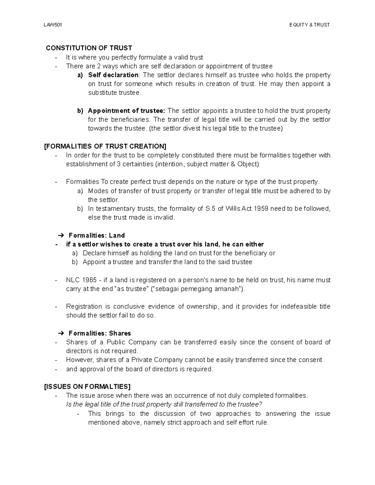 LAW501 EQUITY TRUST: Constitution and Validity of Trusts - Studocu