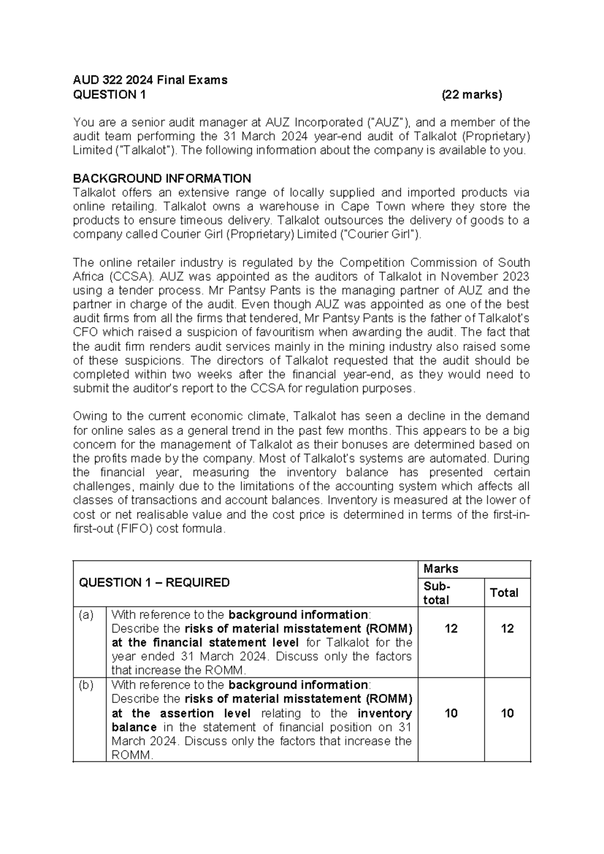 AUD 322 2024 Final Exam Tutorial 2 Question 1 Solutions - Studocu
