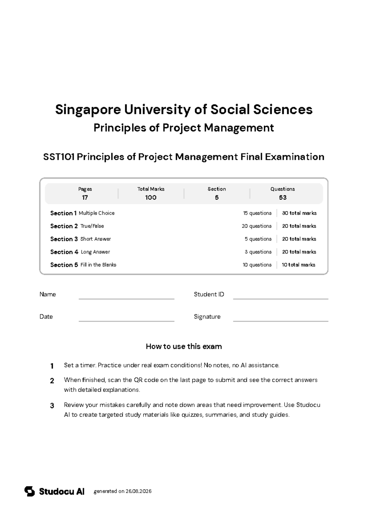 SST101 Principles of Project Management Final Exam - Studocu