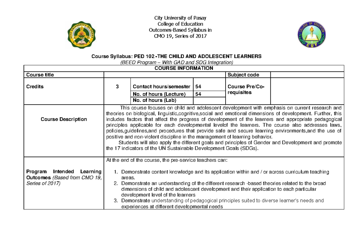 Syllabus for PED 102: Child and Adolescent Learners (BEED Program ...