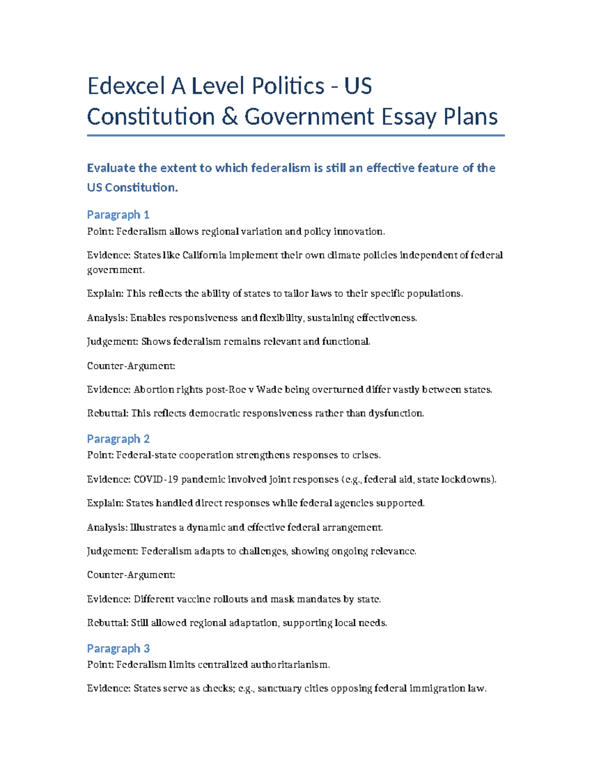 Edexcel A Level Politics Essay Plans: Evaluating Federalism ...