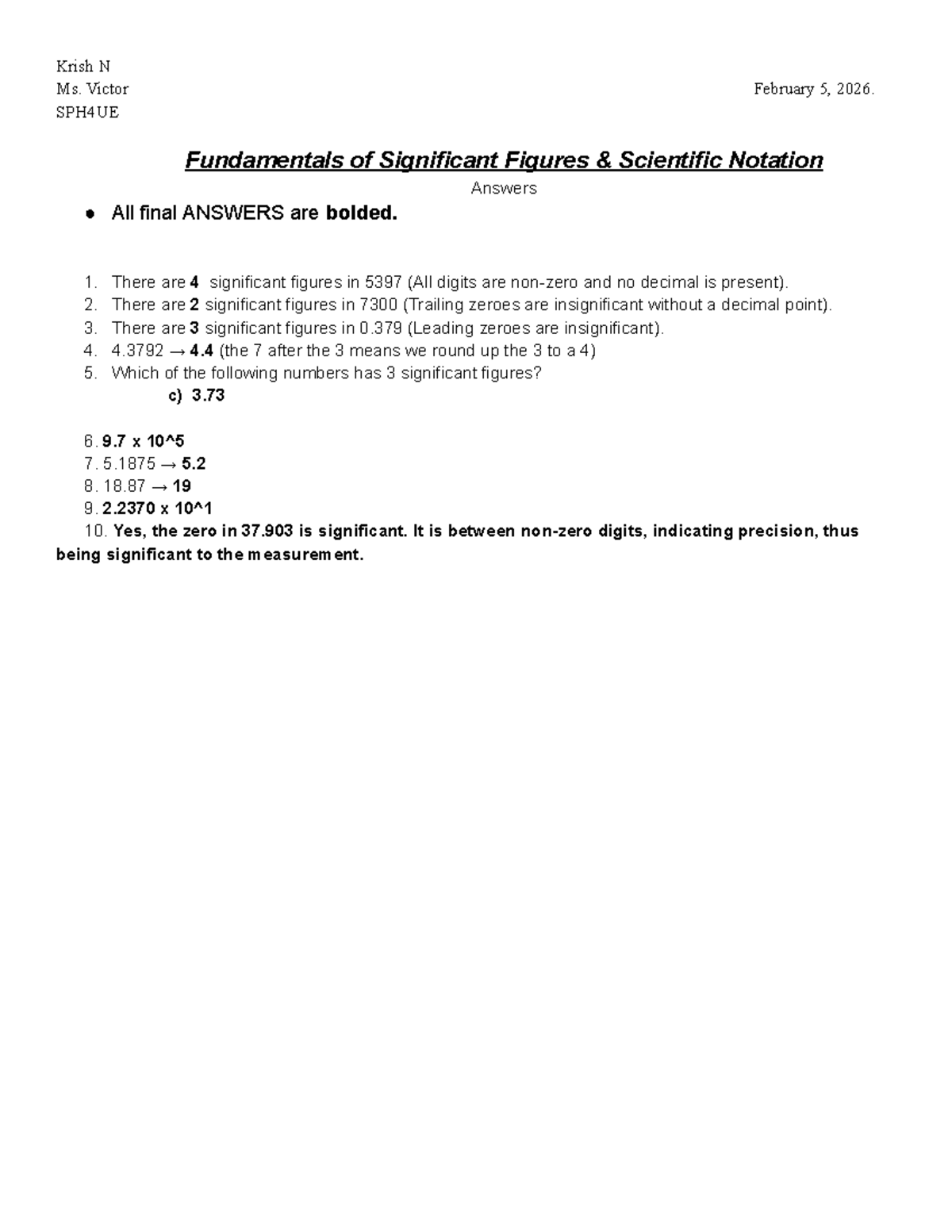 SPH4UE Significant Figures & Scientific Notation Quiz Answers - Studocu