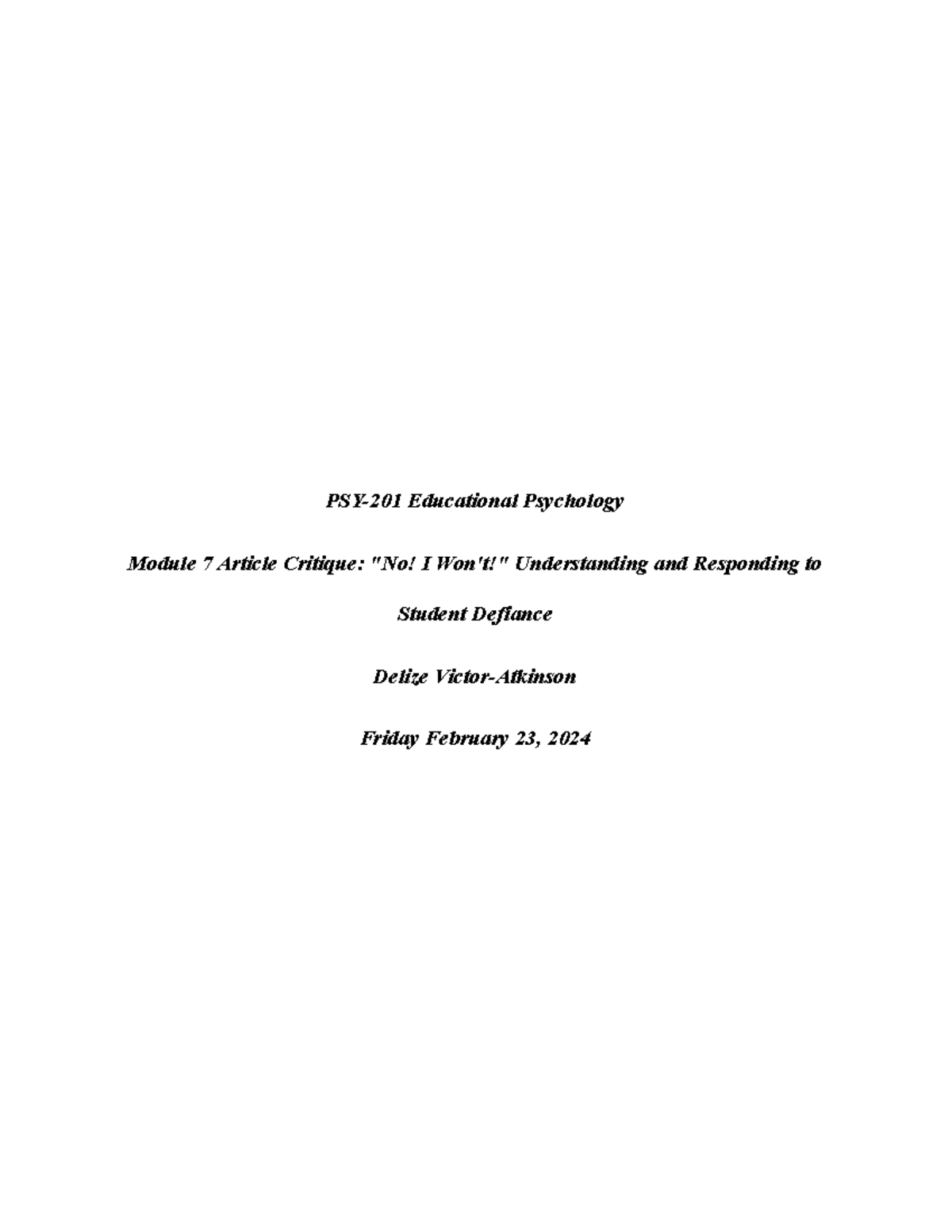 PSY-201 Module 7 Critique: Understanding Student Defiance - Studocu