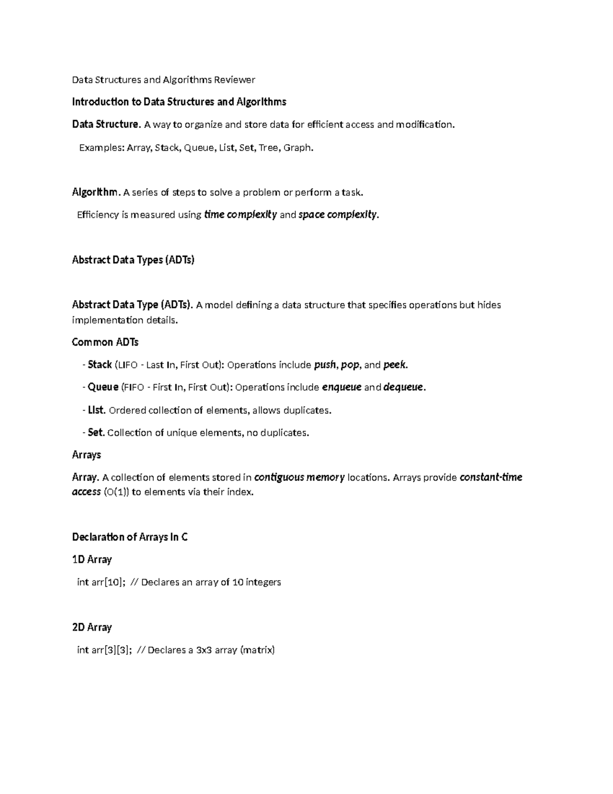 Data Structures & Algorithms Review for CS101: Essential Notes - Studocu