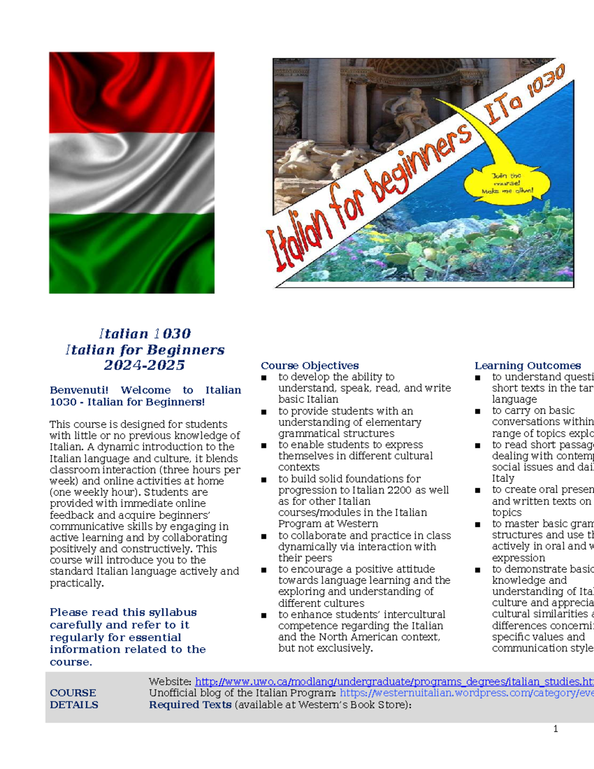 Syllabus for Italian 1030: Beginner Course Overview 2024 - Studocu