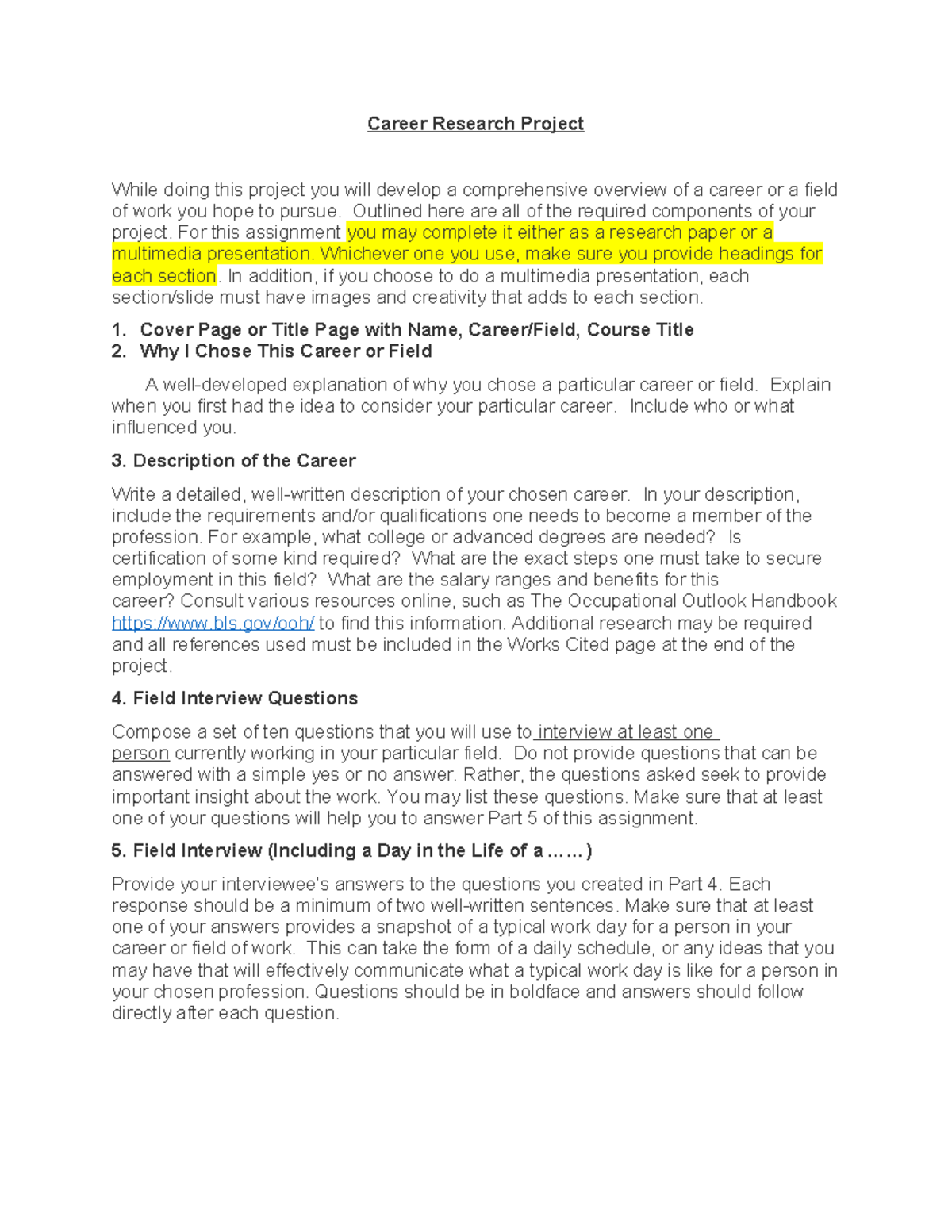Career Research Project: Exploring Your Future Career Path - Studocu