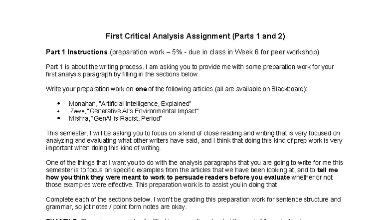 WRIT 100 (F. 2025) First Critical Analysis Assignment Prep Work - Studocu