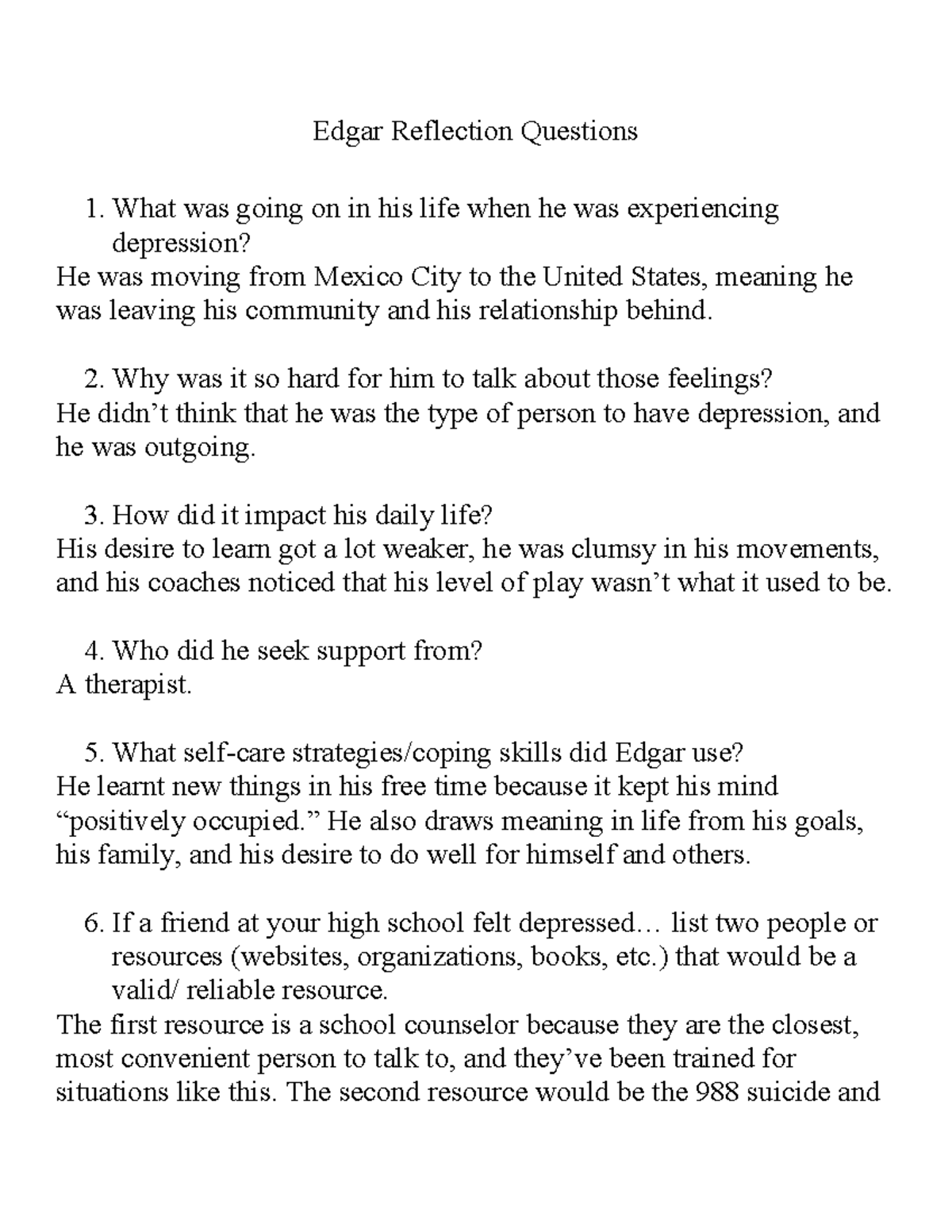 Edgar Reflection Questions: Understanding Depression and Support - Studocu
