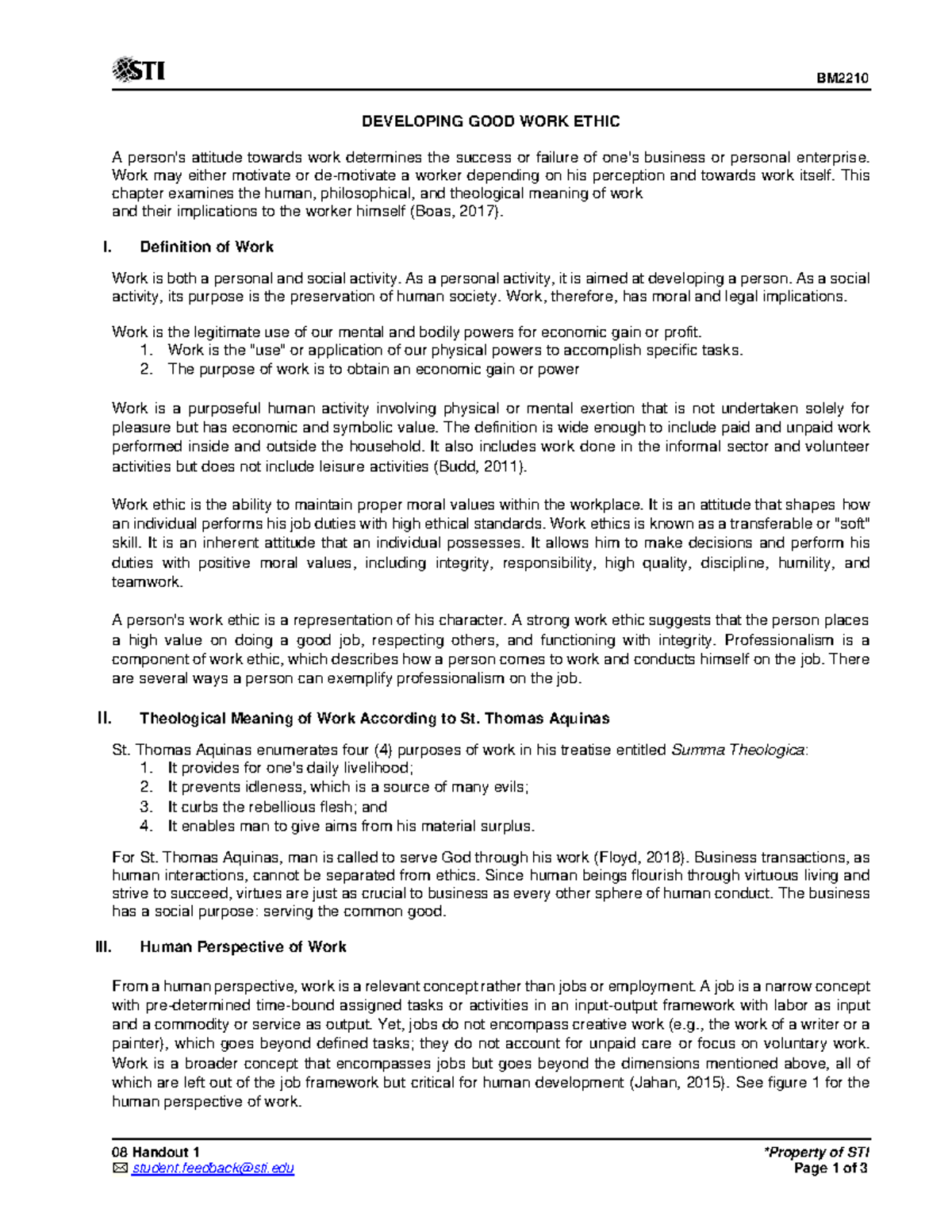 08 Handout 1 GG - Developing Good Work Ethic Notes - Studocu