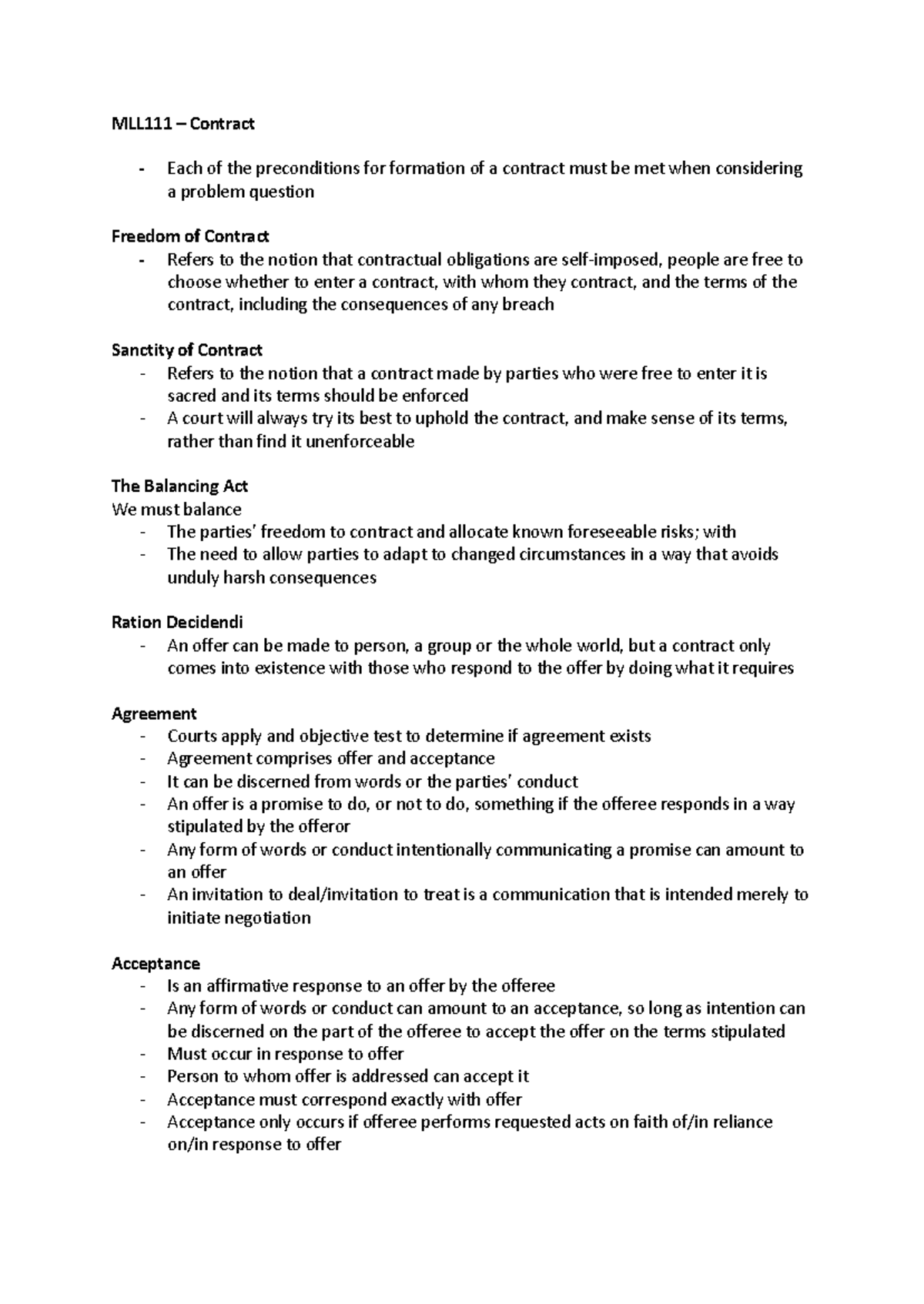 MLL111 - Contract Formation: Key Concepts & Principles - Week 1 - Studocu