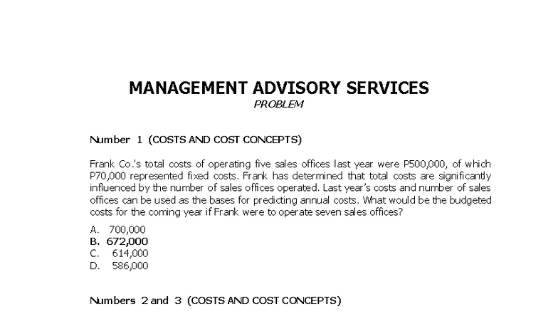 MANAGEMENT ADVISORY SERVICES PROBLEMS (COSTS AND COST CONCEPTS) - Studocu
