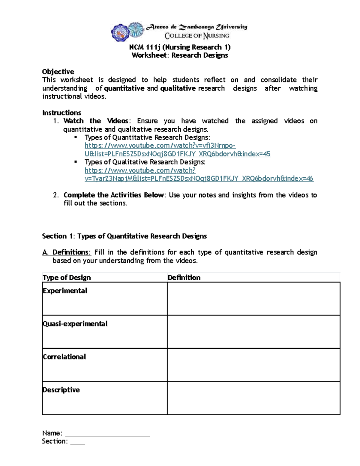 NCM (Nursing Research 1) Worksheet: Understanding Research Designs ...