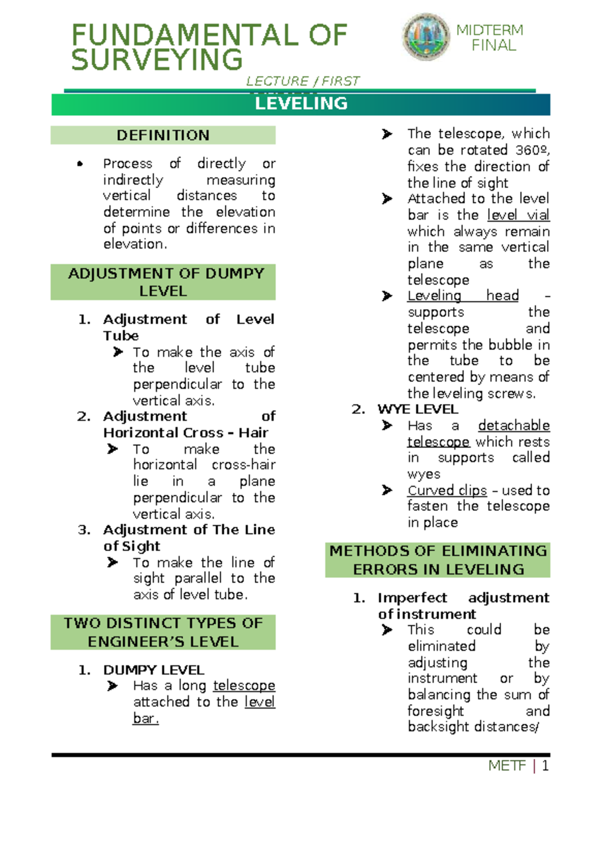 METF 1 FUNDAMENTAL OF SURVEYING MIDTERM LECTURE NOTES ON LEVELING AND ...