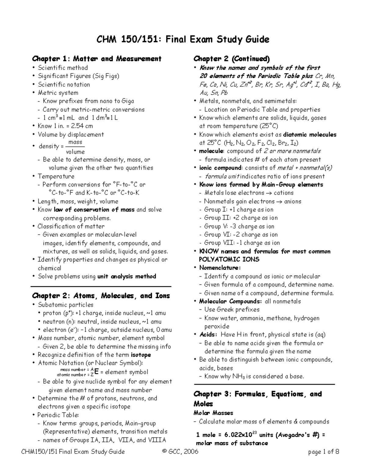 CHM151 Final Exam Study Guide Review for F06 Exam Preparation - Studocu