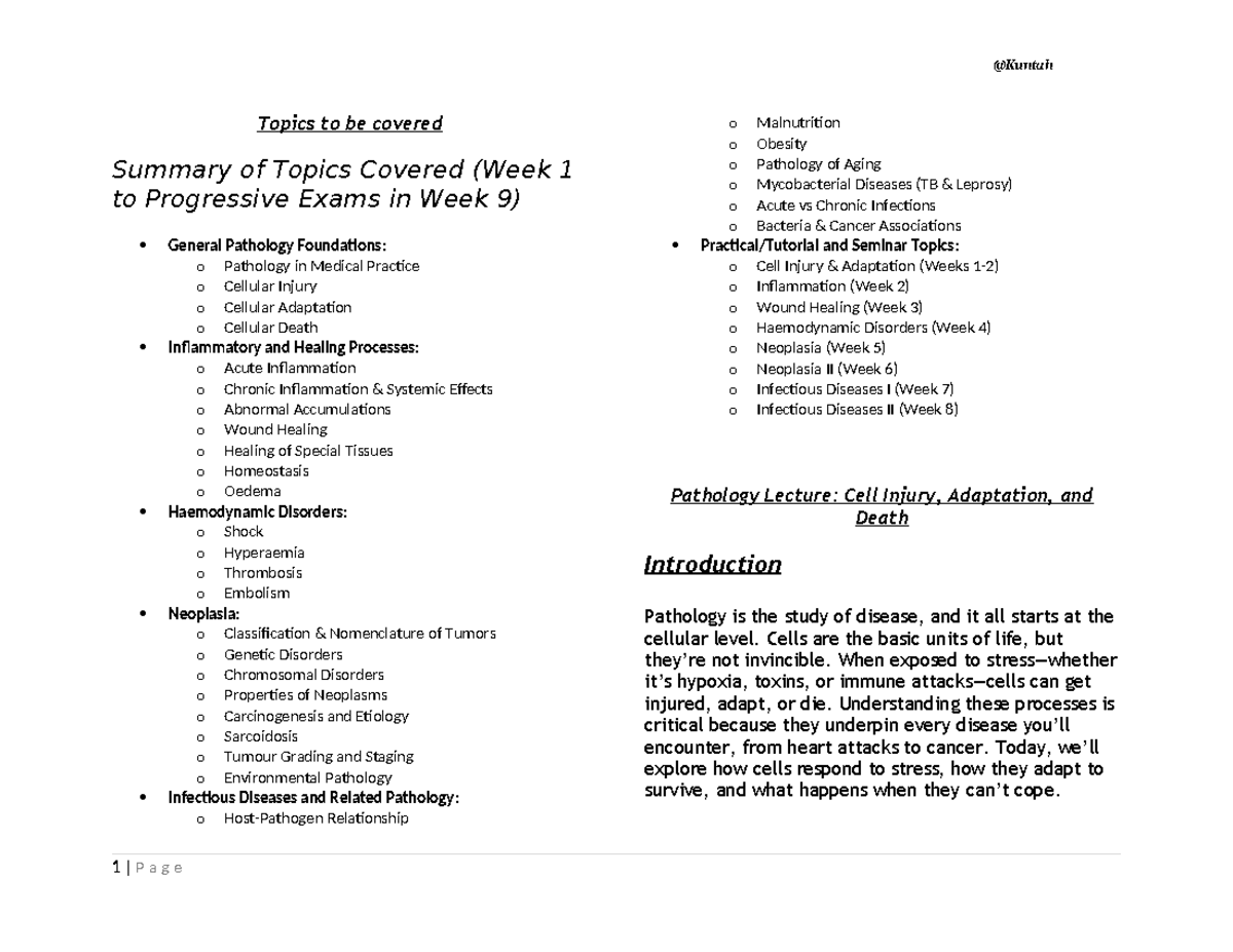 Pathology Revision Notes: Key Topics from Weeks 1-9 (MBChB) - Studocu