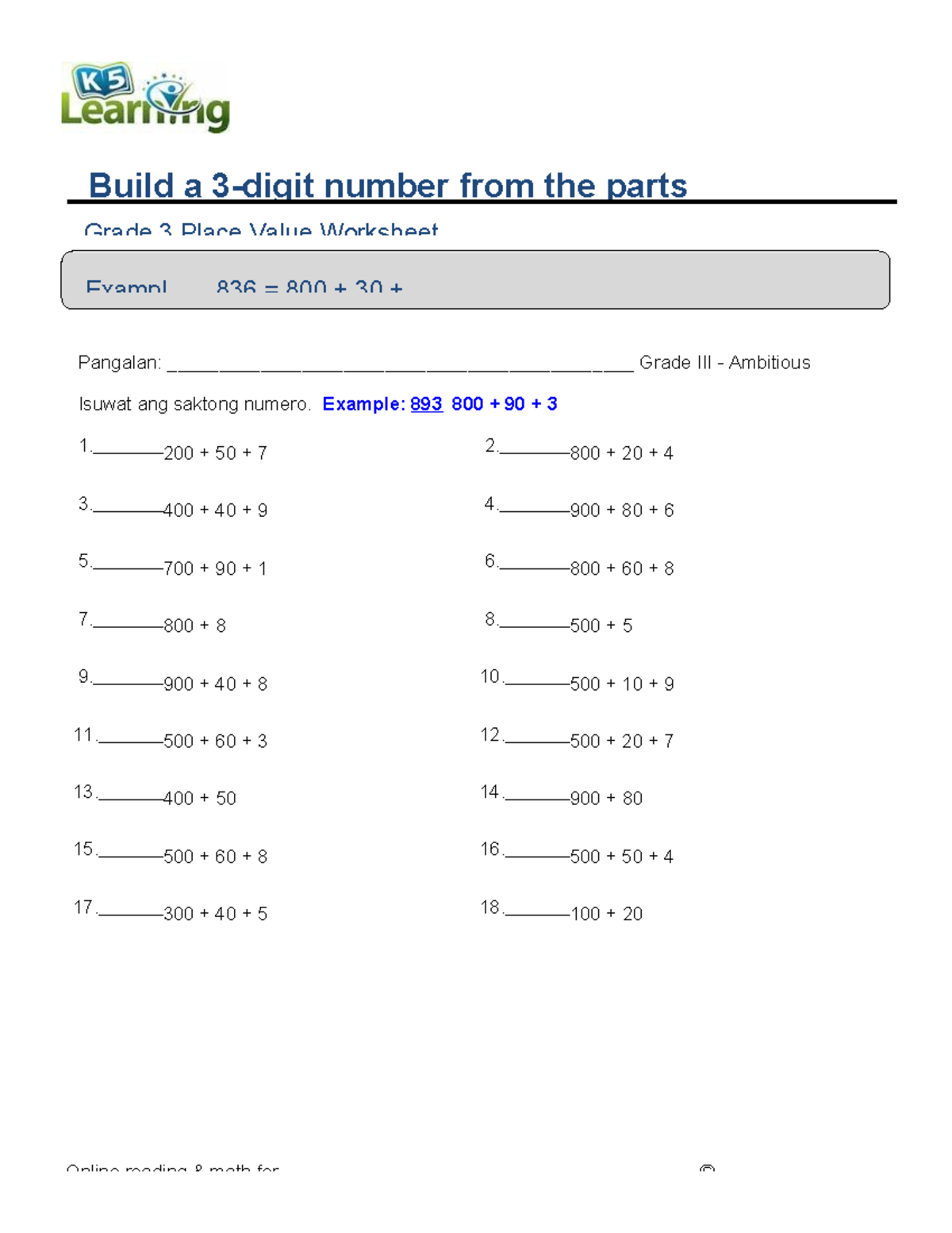 Grade 3 Math: Building 3-Digit Numbers from Parts - Studocu