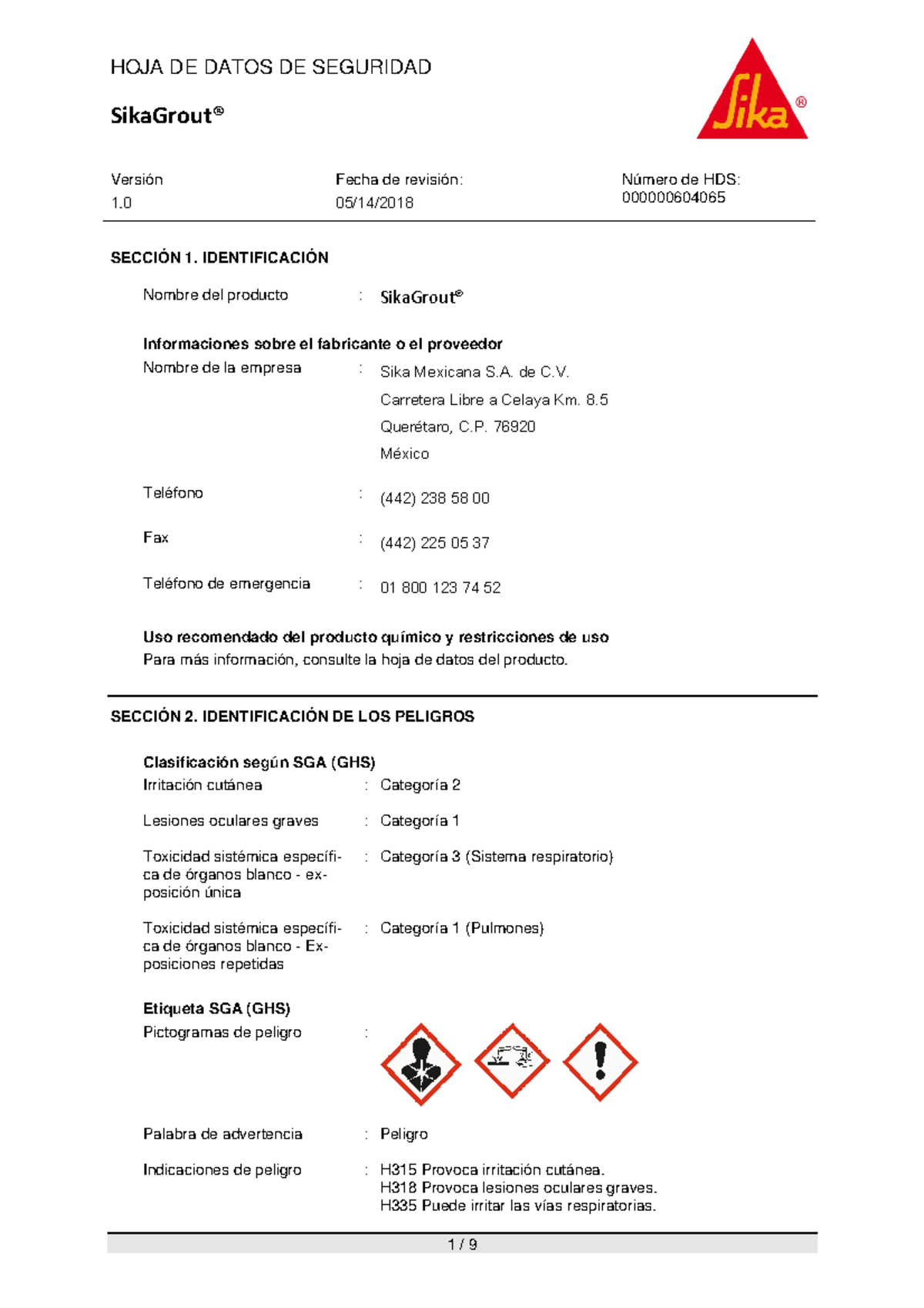 Hoja de Datos de Seguridad HDS Sika Grout Constructor Versión 1.0 - Document Preview