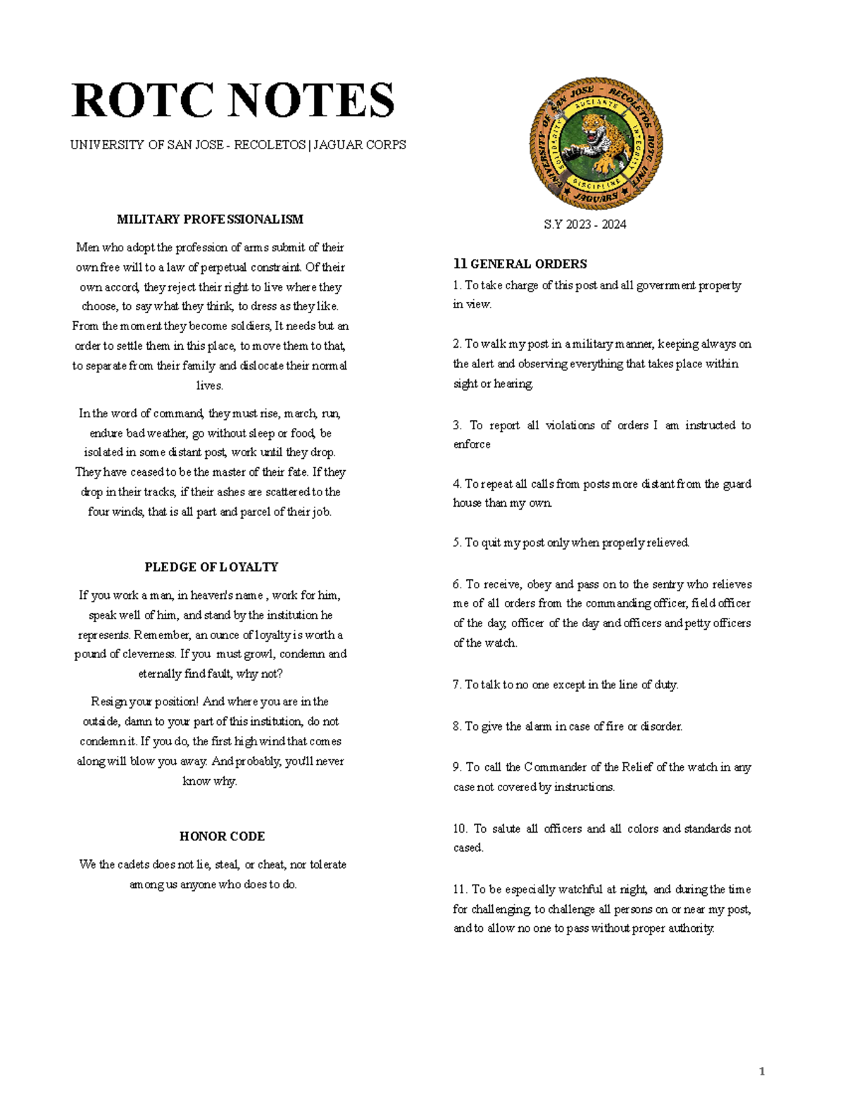 ROTC Notes - ROTC NOTES UNIVERSITY OF SAN JOSE - RECOLETOS | JAGUAR ...