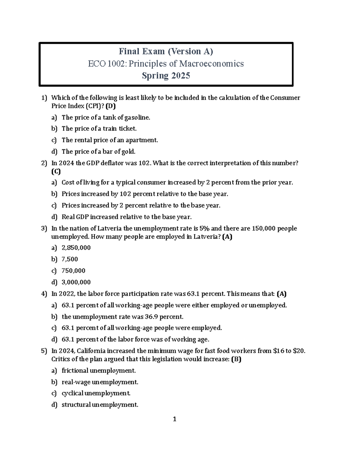 Final Exam Solutions for ECO 1002: Principles of Macroeconomics Spring ...