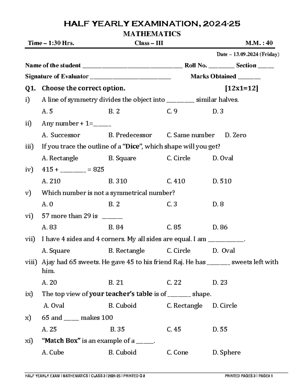 HALF YEARLY EXAM MATHEMATICS CLASS 3, 2024 - Studocu