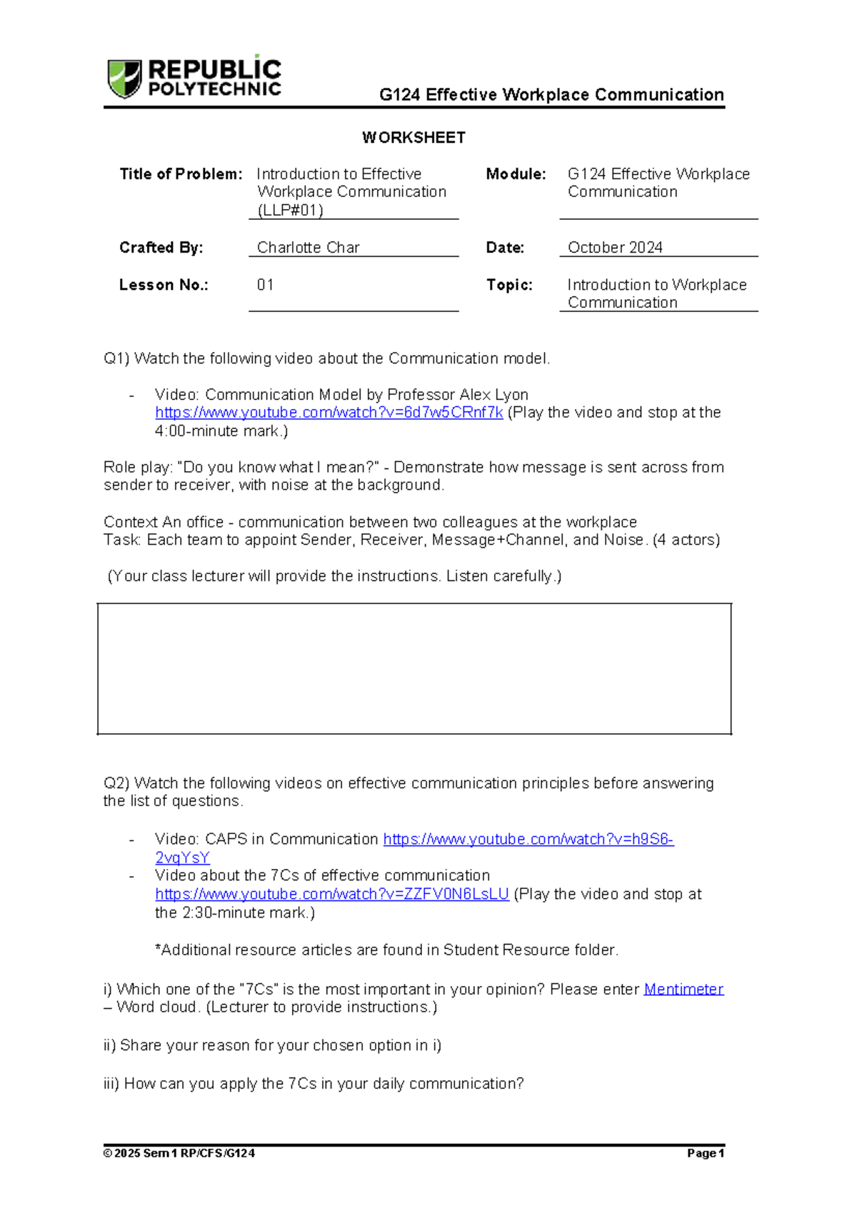 AY25S1 G124 L01 Effective Workplace Communication Worksheet - Studocu