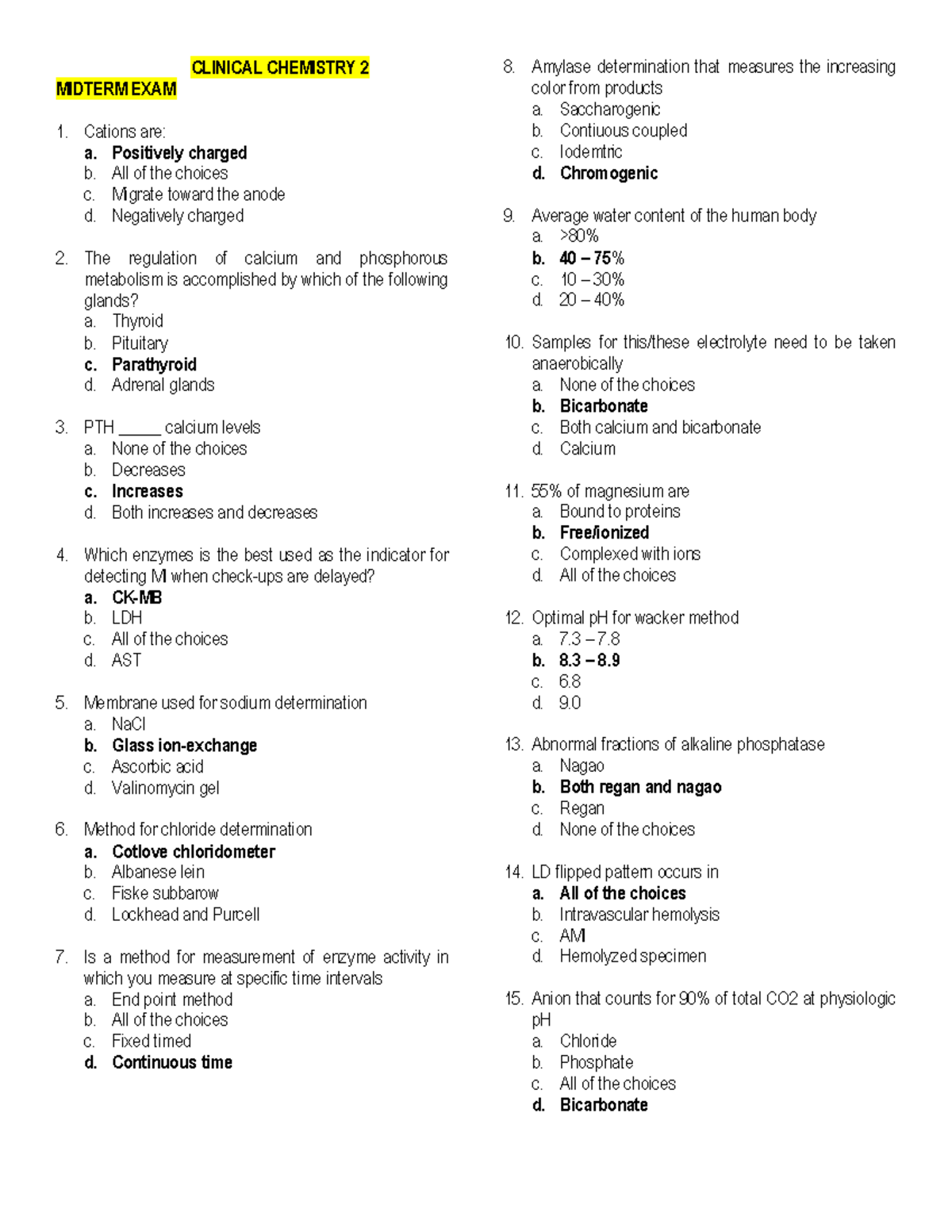 Clinical Chemistry 2 Midterm Exam Review and Study Guide - Studocu