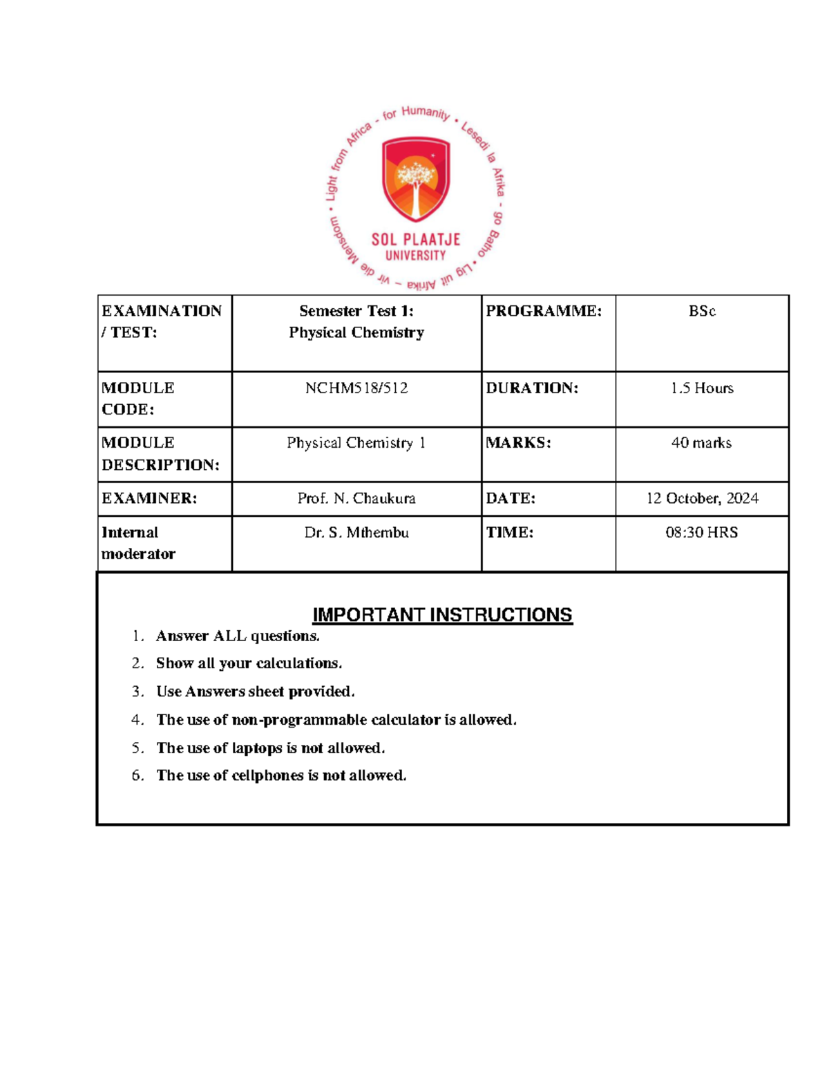 Semester Test 1: Physical Chemistry (BSc) - Exam Paper 2024 - Studocu