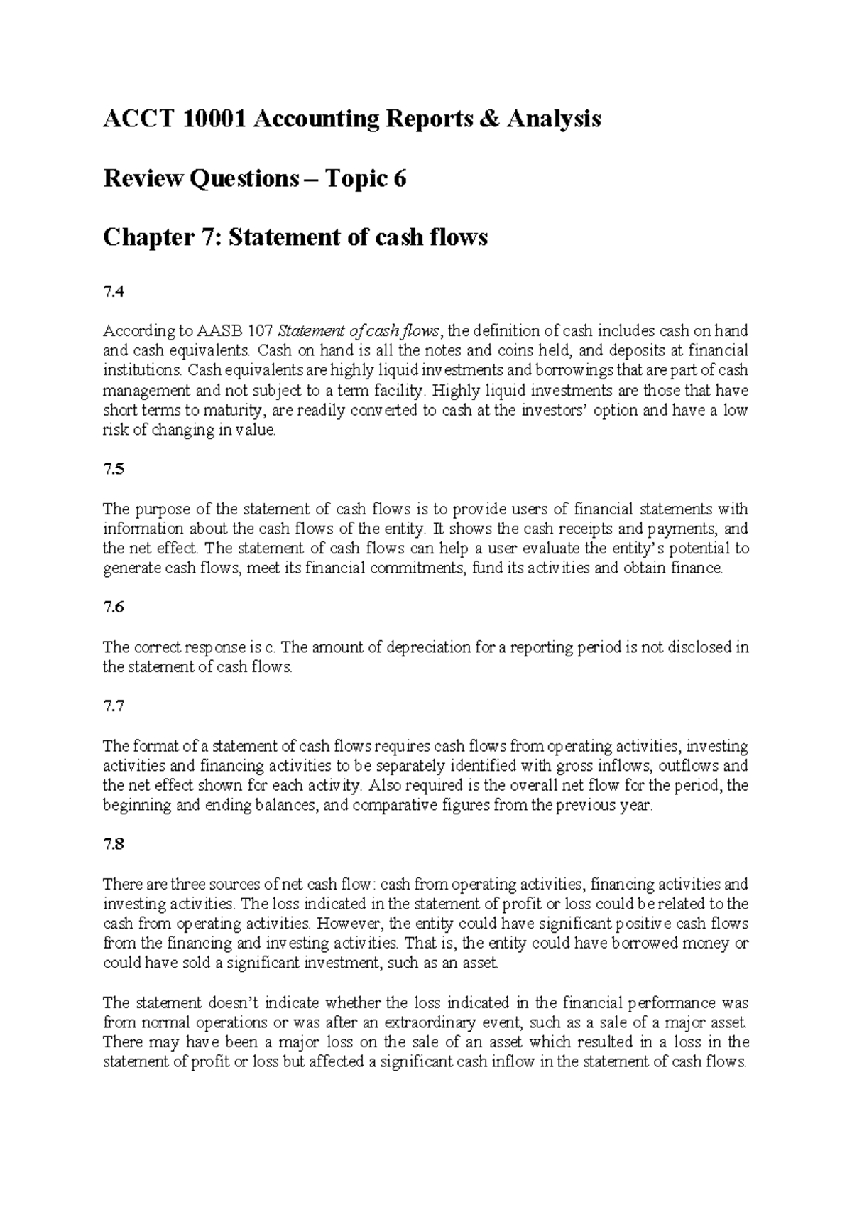 ACCT 10001 Final Exam Review: Statement of Cash Flows Analysis - Studocu