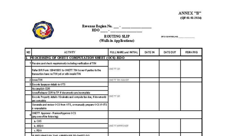 Annex B-1: RDO Routing Slip for Walk-In Applications - Studocu