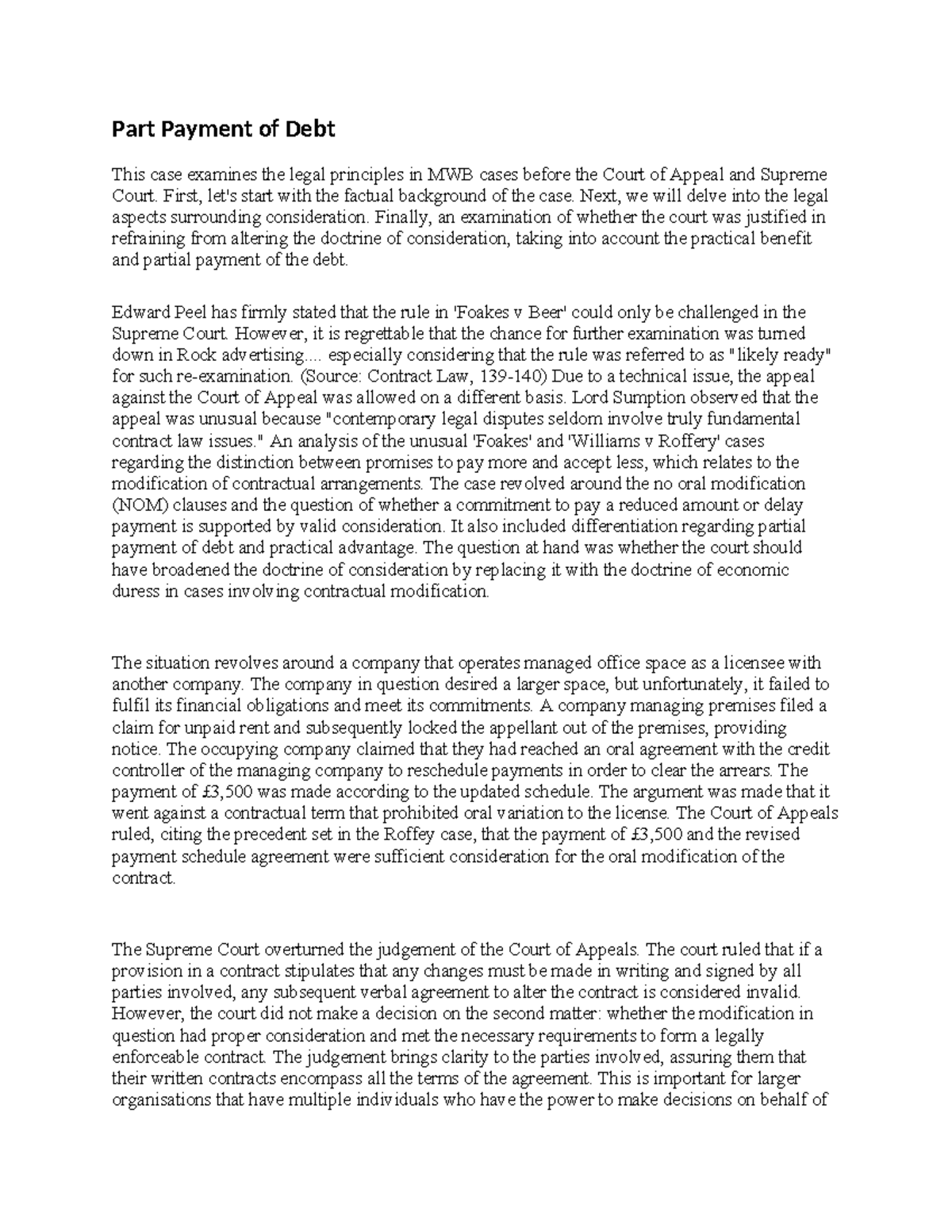 Part Payment of Debt Analysis - MWB Contract Law Case Study - Studocu