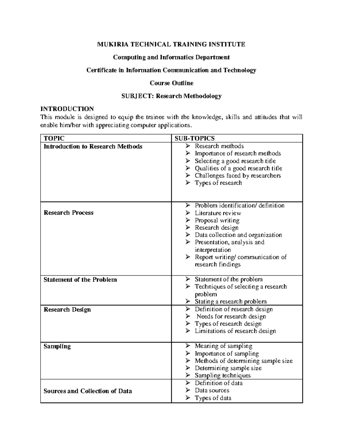 Research Methodology Course Outline for ICT Certification - Studocu